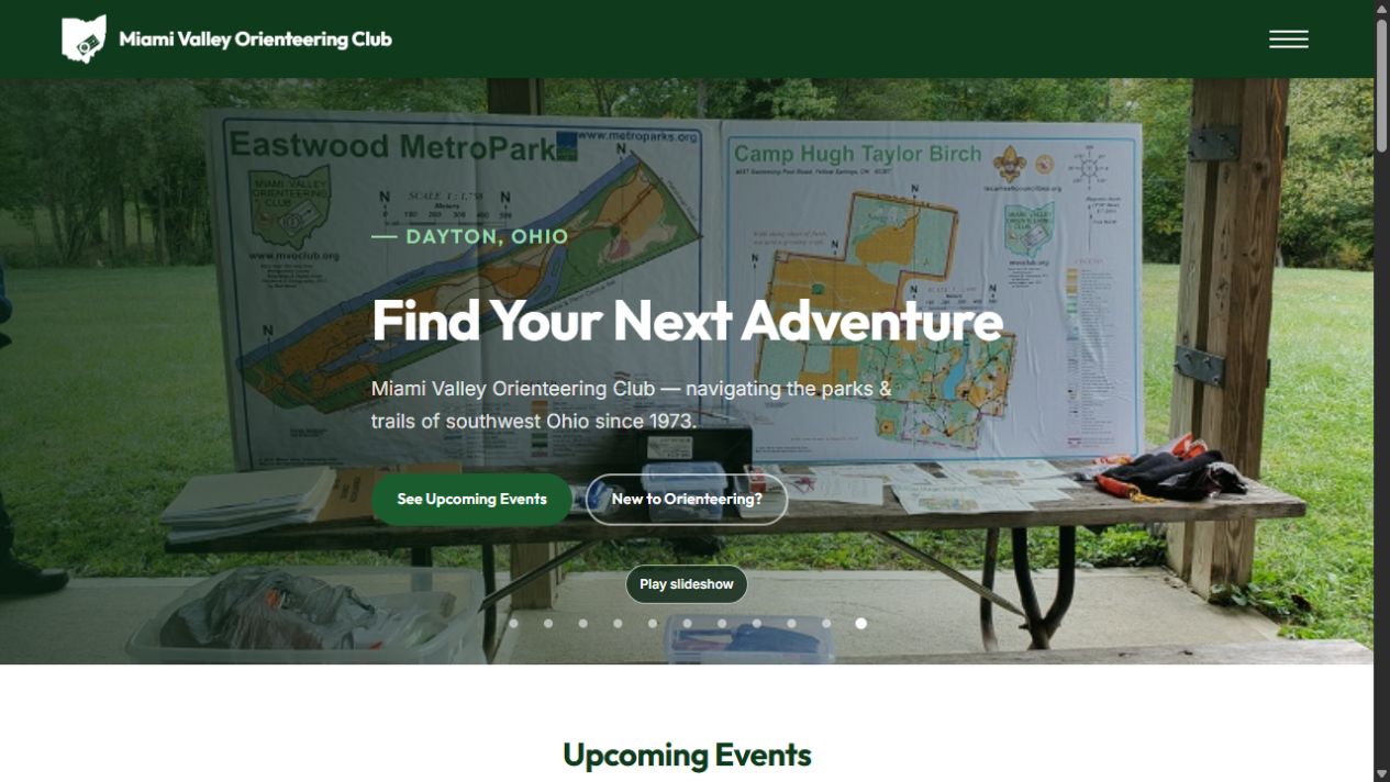 Redesigned MVOC homepage with a photographic introduction and clear links to events and beginner information.