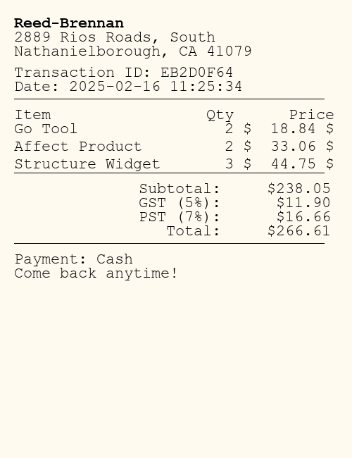 Example store receipt used as an analogy for a saved-command receipt