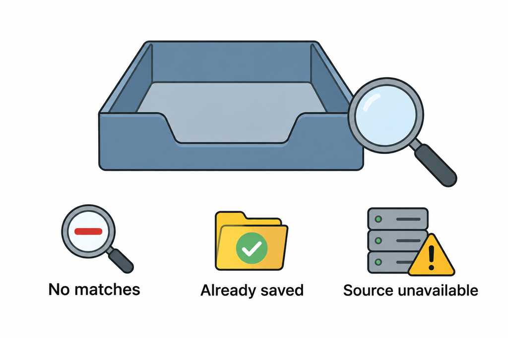 An empty results tray can mean no matches, matches already saved, or an unavailable source.