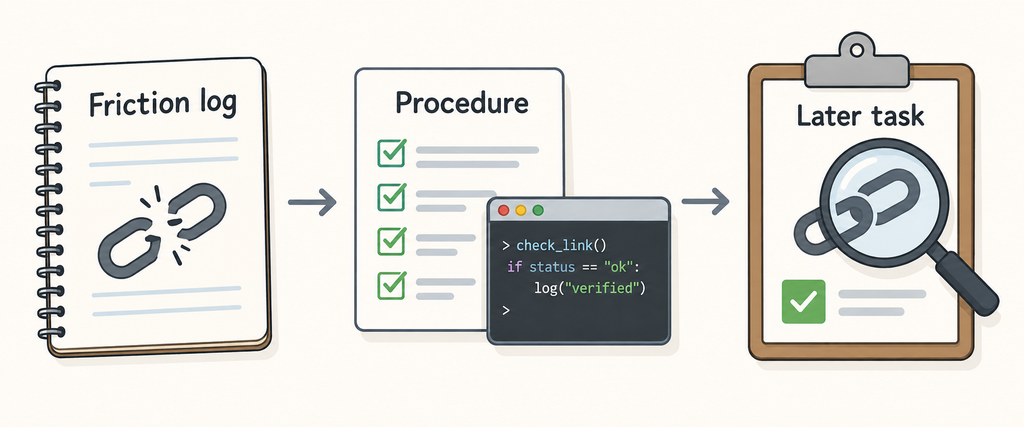 A friction-log entry leads to a checked procedure that a later task uses to verify a link.