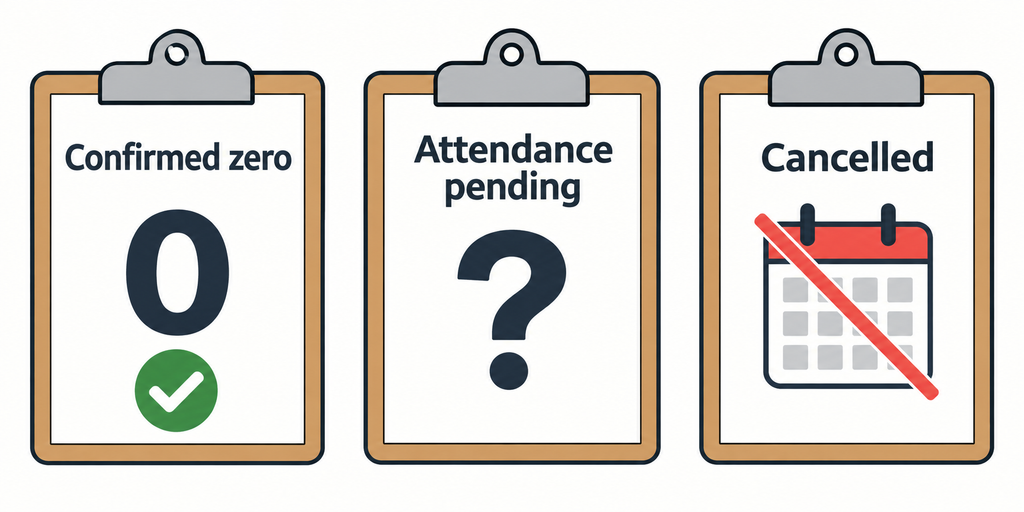 Three attendance records distinguish a confirmed count of zero, a missing attendance count, and a cancelled session.