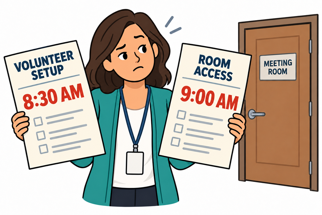 Two workshop planning documents show different arrival times beside a closed meeting-room door.