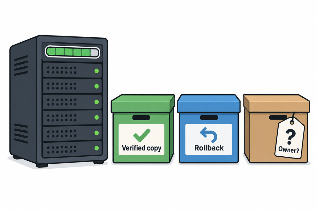A nearly full server beside storage boxes marked Verified Copy, Rollback, and Owner? for ownership review.