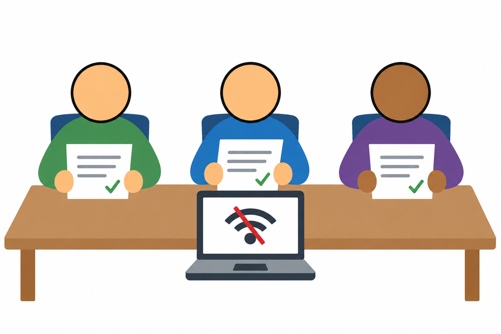 Three workshop participants compare printed notes and mark corrections behind a laptop displaying a crossed-out Wi-Fi symbol.