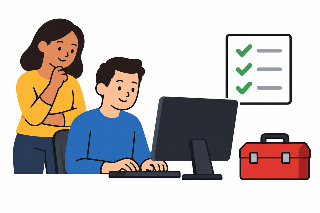 One developer works at a computer while another observes. To the side is a maintenance checklist.