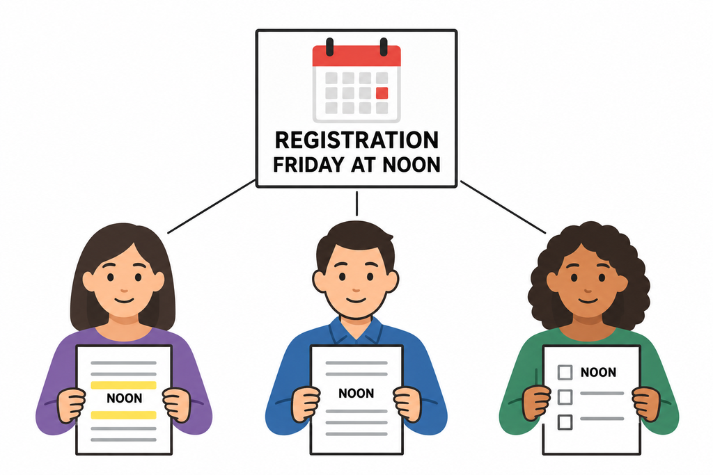 Three learners review the same event deadline with different amounts of guidance.