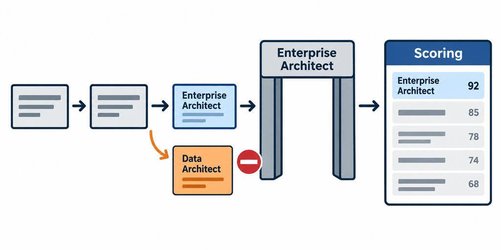 A Data Architect job card is stopped by an Enterprise Architect title filter before reaching the scoring list.