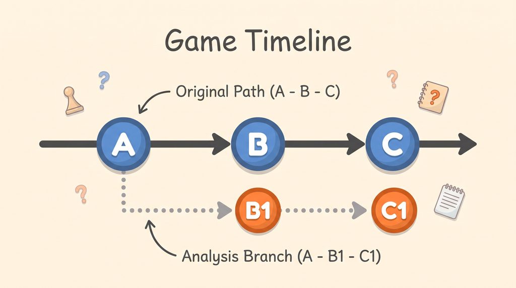 A game timeline with an original path A–B–C and an analysis branch from A to B1-C1.