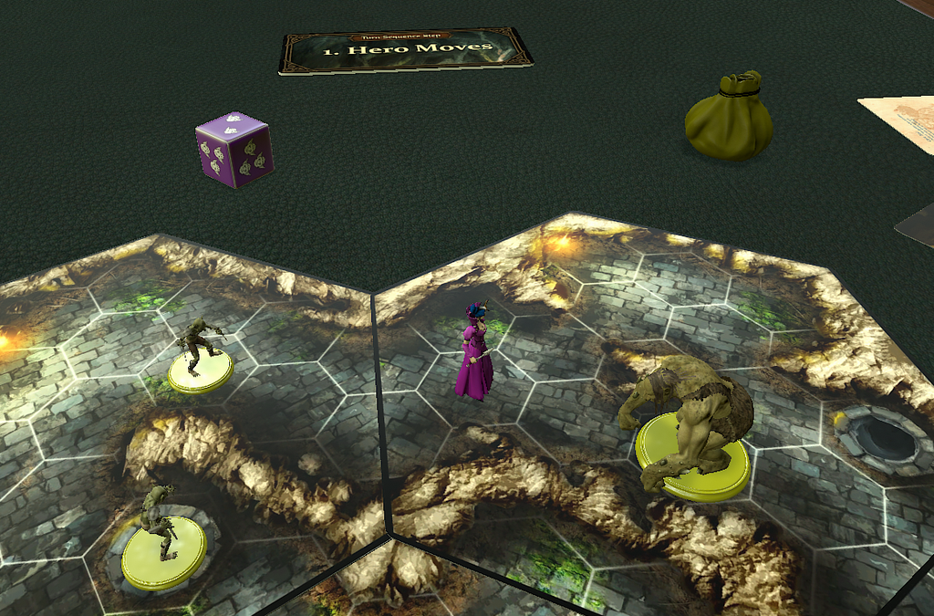 Goblin Slayer in Tabletop Simulator, with Mirelle’s custom 3D figurine, modular cave tiles, and turn-sequence marker.
